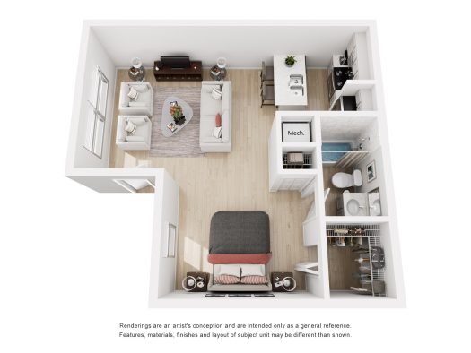 a 3d rendering of a studio apartment with a bedroom and living room at The  Marley