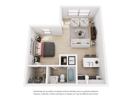 a floor plan of a one bedroom apartment at The  Marley